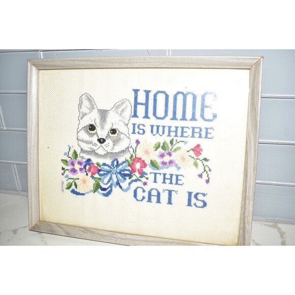 "HOME IS WHERE THE CAT IS" Cross Stitched Finished and Framed "Astor Place" Kit - Picture 3 of 4